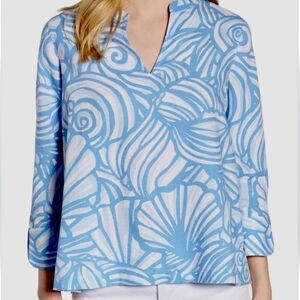 Vineyard Vines Blue and White Nautilus Shell Print Womens Sz L Linen Tunic Top